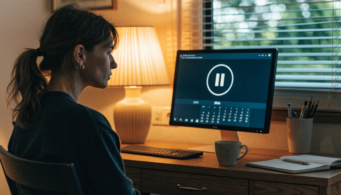 Home‑Office mit Computer, Pause‑Symbol und Kalender 2026